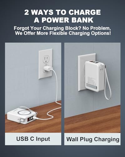 10000 m Ah Mag Safe-Compatible Portable Charger Power Bank – 22.5 W Fast Charging Travel Essential with Built-in USB-C & Lightning Cables – 5-in-1 Wireless Charging Solution for i Phone, Android, and Samsung Devices