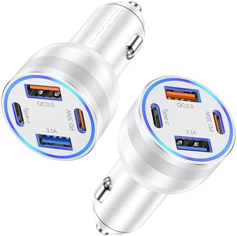 Agtray 65 W USB C Car Charger – 4-Port PD30 W & QC3.0 Fast Charging Adapter for Universal Device Compatibility – Ideal for i Phone 12-16 Pro Max, i Pad, Samsung Galaxy S25/S24/A16 – Compact Multiport Cigarette Lighter Charger, 2 Pack for Enhanced On-the-Go Power