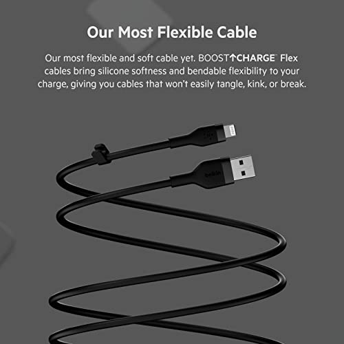 Belkin Boost Charge Flex Silicone USB Type A to Lightning Cable 2-Pack (3.3 FT) – MFi Certified Durable Charging Solution for i Phone 13, 12, 11, Pro, Max, Mini, SE, i Pad – Enhanced Flexibility and Fast Charging Performance in Sleek Black Finish