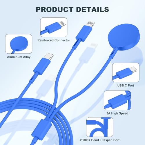 Revolutionary 2-in-1 USB C Charger for i Phone and Apple Watch – 6 ft Magnetic Fast Charge Cable with 20 W Power Adapter – Stylish Blue Design for Optimal Portability and Efficiency
