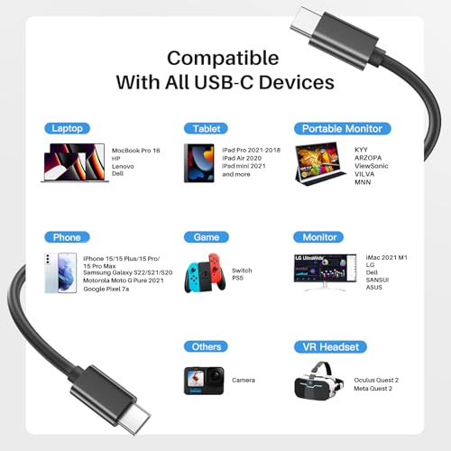 Long USB C Monitor Cable 10FT, 4K@60Hz Video Output 100W PD Charging, 20Gbps Data Transfer, Long USB C 3.2 Gen 2×2 Cable for MacBook, iPad, Dell, LG, ARZOPA, KYY for Portable Monitor – Enhanced Compatibility and Speed