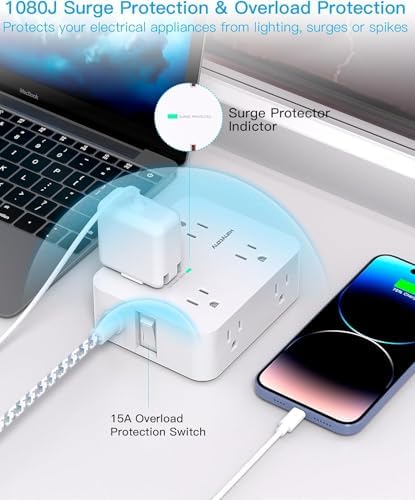 HANYCONY 15 Ft Extension Cord Power Strip with 8 AC Outlets & 4 USB Ports (2 USB-C) – 1080 J Surge Protector for Enhanced Safety, Wall Mountable Desk Charging Station for Home Office & College Dorm Essentials