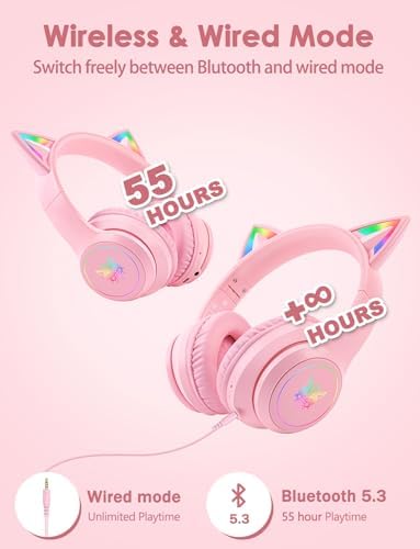 Whimsical Cat Ear Bluetooth Headphones for Kids & Adults – Immersive Hi-Fi Sound, 55-Hour Playtime, LED Light-Up Design, Built-In Microphone, and Universal Compatibility with i Phone, i Pad, Laptop & PC for Ultimate Fun and Comfort