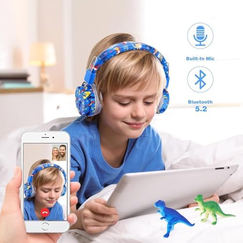 Dinosaur Adventure Bluetooth Headphones for Kids – Fun Over-Ear Design with Adjustable Headband, Built-In Microphone & Wired 3.5 mm Jack – Perfect Wireless Audio Experience for Boys, Teens, and Young Explorers – Superior Sound Quality in Vibrant Blue for Maximum Enjoyment