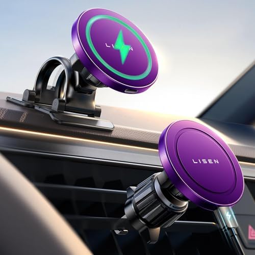 LISEN 15 W Mag Safe Wireless Car Charger Mount – Fast Magnetic Charging for i Phone 12-16 Series in Sleek Purple – Effortless Attachment & 360° Adjustable Design for Ultimate Convenience and Universal Compatibility