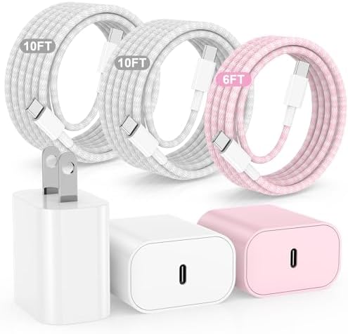Rapid Charge 3-Pack USB-C Fast Charger Kit for i Phone 15 & 16 Pro Max – 20 W Power Blocks with Robust 6 ft & 10 ft Braided Cables – Ultra-Fast Charging Solution for i Pad Pro 13/12.9 – Sleek, Portable Wall Charger for Everyday Convenience