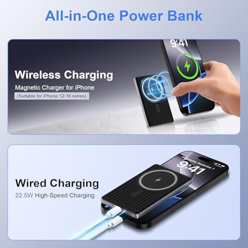 Ultra-Slim 10000 m Ah Magnetic Wireless Portable Charger – Fast 20 W Power Bank for Samsung Galaxy S25/S24/S23/S22/S21 & i Phone 16/15/14/13 – Dual Device Charging with Advanced Safety Features – Ideal for Travel & Daily Use – Compact Design for Maximum Portability and Convenience