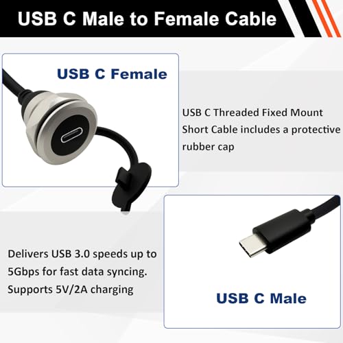 High-Speed USB C 3.0 Panel Mount Extension Cable – Durable Al Shell, Waterproof Threaded Connector, Type-C Male to Female, 5 Gbps Data Transfer, 5 V/2 A Power Delivery, 30 cm (11.8 in) – Ideal for Workstations, Vehicles, and Home Entertainment Systems