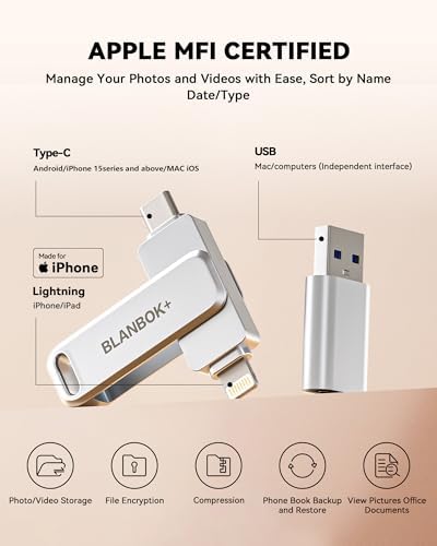 MFi Certified 256 GB Flash Drive – Ultimate Photo Storage for i Phone, i Pad, Android & PC | High-Speed USB 3.0 Memory Stick with Dual Connectors | Seamless File Transfers & Enhanced Compatibility for All Your Devices