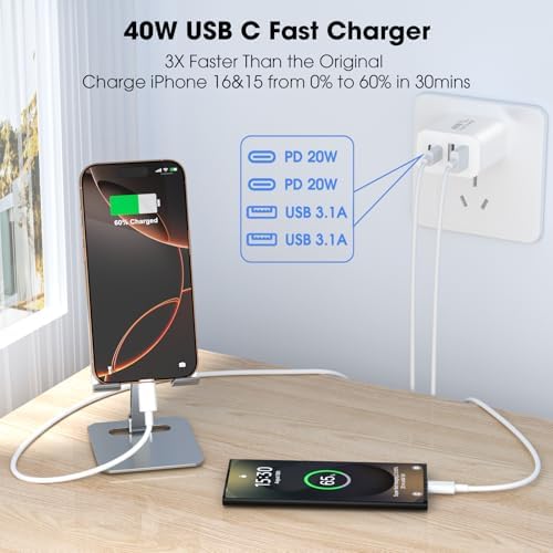 40 W USB C Charger Block – 2 Pack 4-Port Fast Charging Adapter for i Phone & Samsung Devices – PD 3.0 & QC 4.0 Dual Quick Charge Technology – Multi-Device Compatibility in Sleek Black Design – Safe, Efficient Charging Solution for Home & Travel