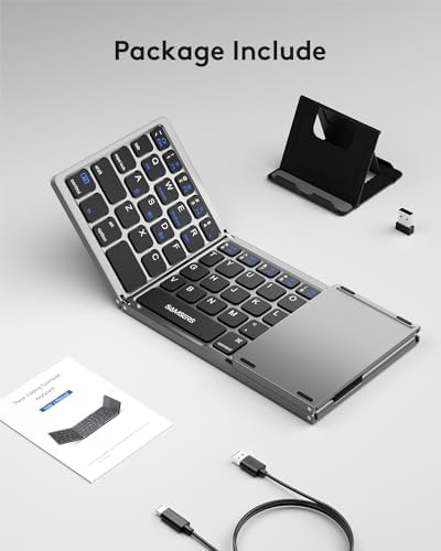 Samsers Portable Bluetooth Keyboard with Touchpad – Ultra-Slim Foldable Wireless Keyboard for Effortless Typing on Android, Windows, and i OS Devices – Rechargeable, Travel-Friendly Design with Device Holder – Black