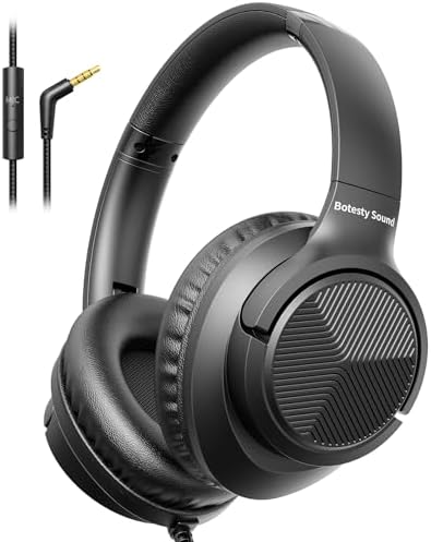 Versatile Over-Ear Wired Headphones with Integrated Microphone – Premium Sound Experience with Foldable Design and 4.9 ft Tangle-Free Nylon Cord – Perfect for Travel, Daily Use, and Multimedia Engagement (Black)
