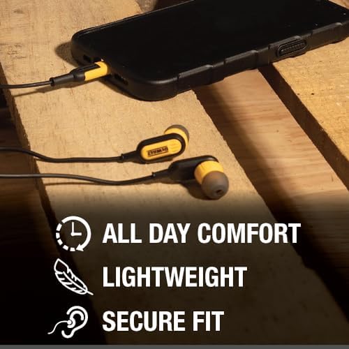 DEWALT Heavy Duty Lightning Earphones – Ultimate Jobsite Headphones for i Phone 14 and Older, Water-Resistant Design for Superior Durability, Enhanced Audio Clarity, Ergonomic Fit for Long-Lasting Comfort, Ideal for Professionals on the Go