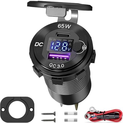 High-Power 12 V USB Charger with Waterproof Aluminum Casing – 65 W PD USB-C & Quick Charge 3.0 for RVs, Boats, and Golf Carts – Built-in Voltmeter & Energy-Efficient Switch for Reliable Performance and Enhanced Compatibility