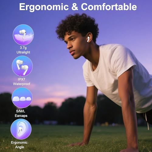 Immerse Yourself in Premium Sound with Bluetooth 5.4 Wireless Earbuds – 40 Hours of Active Noise Cancelling for Crystal-Clear Audio, Ergonomic Design Ensures Comfort During Workouts, IPX7 Waterproof Rating for All-Weather Use, Intuitive Touch Controls for Effortless Navigation, Perfectly Compatible with Android and i OS Devices – The Ultimate Choice for Music Lovers and Active Lifestyles in Chic White Finish