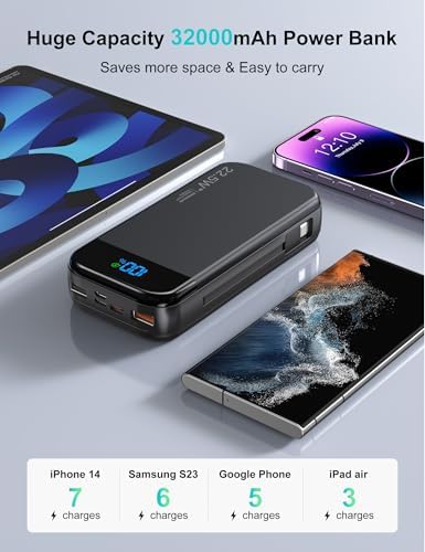 32000 m Ah Portable Power Bank with Built-in Cables – PD3.0 Fast Charging, 5 Outputs, LCD Display, Universal Compatibility for i Phone & Samsung – Ultimate Travel Battery Pack in Orange for On-the-Go Reliability and Efficiency