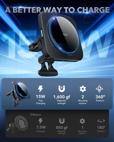 ESR Mag Safe Car Charger for i Phone & Galaxy – 15 W Wireless Fast Charging Air Vent Mount with 36 W QC 3.0 Adapter – Secure Magnetic Alignment for i Phone 12/13/14/15/16 & Galaxy S25/S25 Ultra – Effortless Installation for Navigation & Hands-Free Calls