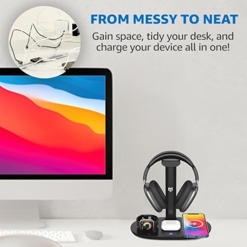 Sleek 4-in-1 Wireless Charging Headphone Stand – Universal Dock for i Phone, Apple Watch, Air Pods, and All Headphone Sizes – Fast Charging Hub for Samsung Galaxy, LG, Huawei – Elegant White Desk Organizer for Tech Enthusiasts
