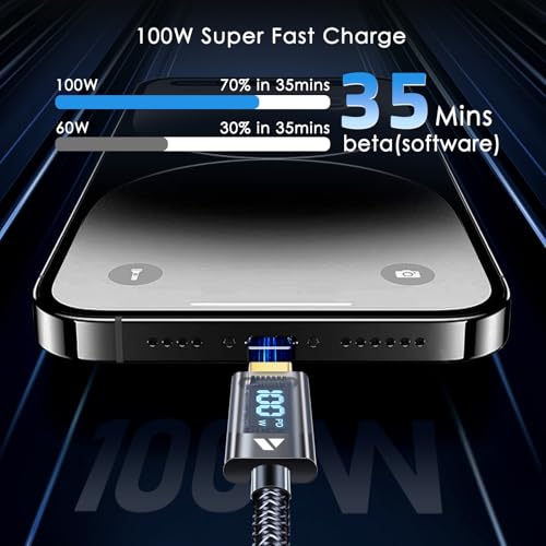 SUPERV 6.6 ft Type C Fast Charging Cable – Premium Nylon Braided USB C Charger with 100 W Power Delivery, High-Speed 480 Mbps Data Transfer, and LED Charging Status Indicator – Ideal for Laptops, Smartphones, and Tablets