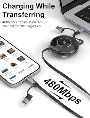 Revolutionary 4-in-1 Retractable USB-C Charging Cable for i Phone 16, Samsung, Mac Book & i Pad – 100 W High-Speed Power Delivery, Tangle-Free Storage, and Sleek Black Design for Ultimate Portability in Home, Office, and Travel Settings