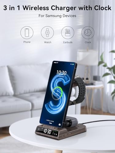 Upgrade Your Charging Experience with the Premium 3-in-1 Wireless Charger Station for Samsung Devices – Ultra-Fast Dock for Galaxy S24 Ultra, S23 Ultra, Z Flip 6, Fold 5, Galaxy Watch 7/6/5 Pro, and Buds – Modern Wood Grain Design with Integrated Clock for Enhanced Organization and Style