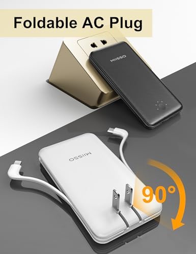 miisso Ultra Slim 10000 m Ah Portable Power Bank with Built-in Cables and Foldable Wall Plug – Compact USB-C Charger for i Phone, Samsung, i Pad & More – Perfect Travel Companion for On-the-Go Charging Efficiency