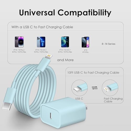 Ultimate Fast Charging Solution for i Phone: MFi Certified 10 FT Type C Charger 2-Pack with 20 W USB-C Power Adapter – Optimal Compatibility for i Phone 14, 13, 12, 11, XS, XR, X & 8 Plus – Experience Unmatched Speed and Durability for All Your Charging Needs