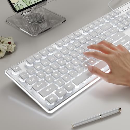Transform Your Typing Experience with the EWEADN GX710 S White Backlit Wired USB Keyboard – Ergonomic, Quiet, and Crafted for Performance! Ideal for Gamers and Professionals, Featuring Elegant Metal Panel and Pudding Keycaps for Sleek Style. Enjoy Effortless Plug-and-Play Setup and Perfect Compatibility with Windows PCs and Laptops. Illuminate Your Workspace with Brilliant White LED Backlighting for Enhanced Visibility in Low Light. Durable Design Ensures Longevity, While Whisper-Quiet Keystrokes Create a Focused Environment. Upgrade Your Productivity and Comfort Today with this Full-Size, Modern Keyboard – The Ultimate Choice for Efficient Typing, Gaming, and Everyday Use!