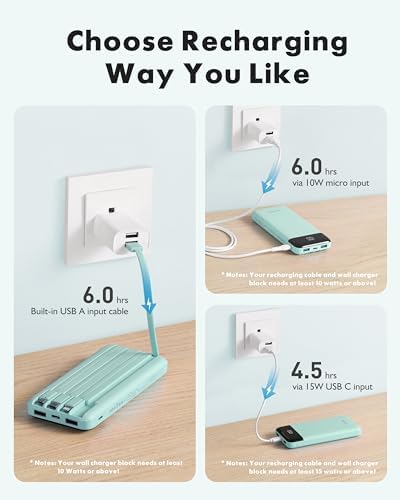 Sleek 10,000 m Ah Multi-Device Portable Charger with Built-In Cables – High-Speed 3 A Power Bank for i Phone, Samsung, Pixel, LG, Moto, i Pad – Ultimate Travel Essential with 6 Outputs for Effortless Charging on the Go