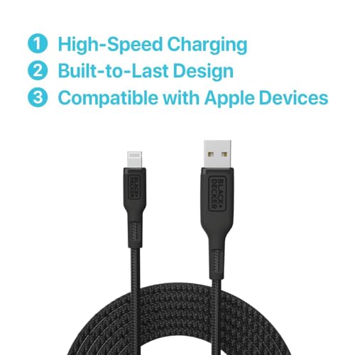 BLACK+DECKER Lightning to USB Charging Cable – Ultra-Fast Charge & Data Sync for All Apple Devices – Durable Braided Construction, Lightweight & Travel-Ready – Versatile Lengths & Color Options, Including Convenient 3 ft Length
