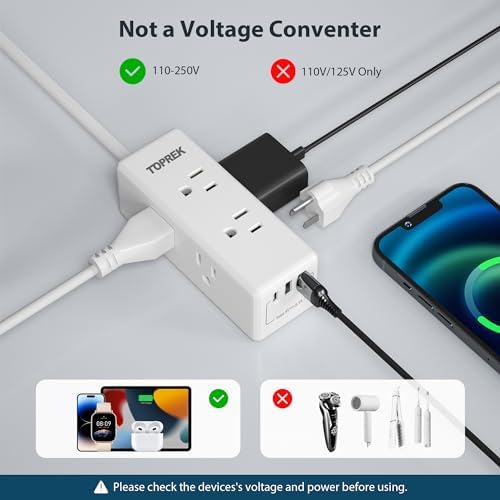 Universal European Travel Plug Adapter with USB-C – TOPREK 9-in-1 Power Strip for US to Europe with 6 Outlets & 3 USB Ports, 3 FT Extension Cord for Seamless Charging in Germany, France, Spain, Greece, and More – Ideal for Hotel and Airport Use