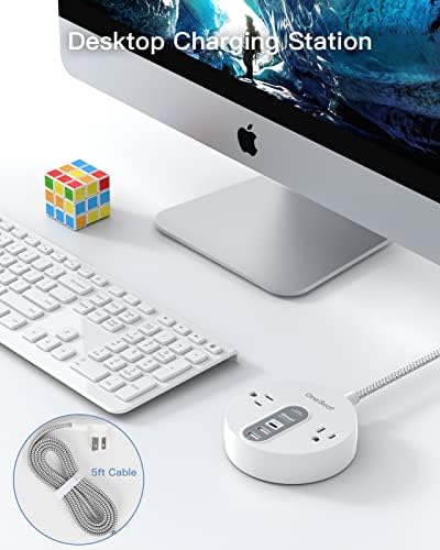 Compact Power Strip Surge Protector with USB-C Charging – 5 ft Flat Plug Extension Cord Featuring 2 AC Outlets & 3 USB Ports for Home, Office, and Travel – 490 J Surge Protection for Safe Device Charging and Efficient Organization