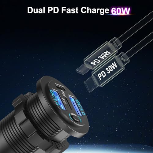 78 W 4-Port 12 V USB Car Charger – Super Fast Dual PD3.0 & QC3.0 Charging for Cars, Boats, and RVs – Waterproof Multi-Device USB Outlet for Quick Connectivity on the Go – Ideal Cigarette Lighter Replacement for All Adventures