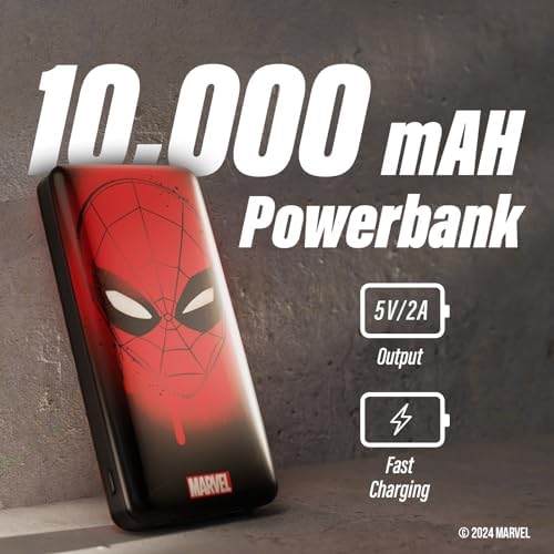 Marvel Spider-Man 10,000 m Ah Portable Power Bank – Ultimate Slim Design Phone Charger with Dual USB Ports for Rapid Charging – Perfect Spider-Man Gifts for Fans of All Ages – Stylish, Lightweight, and Highly Compatible Charging Solution for Smartphones and Tablets