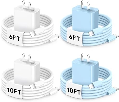 Ultra-Fast 20 W USB C Charger Block 4-Pack with 6 FT & 10 FT Lightning Cables – Perfect for i Phone 14/13/12/11 Series – Rapid Charging Solution for Home and Travel – Compact Design for Enhanced Portability and Compatibility – Reliable Power with Overcurrent Protection