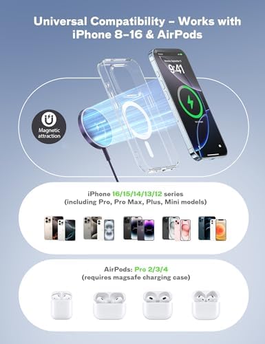Bohuma Magnetic Wireless i Phone Charger – Fast Mag-Safe Charging Pad for i Phone 16, 15 Pro Max, 14 Pro Max, 13, 12 Pro Max & Air Pods Pro – Sleek Design for Home and Office – Effortless Alignment & Enhanced Power Efficiency