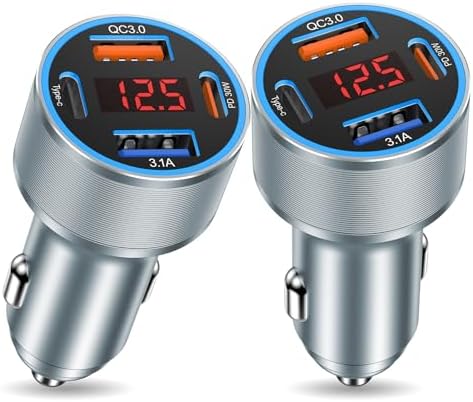 Rapid Charge 2-Pack: 65 W Multi-Port USB C Car Charger with Built-in Volt Meter for i Phone, Samsung & Android – Enhanced Fast Charging & Compatibility for On-the-Go Power Solutions