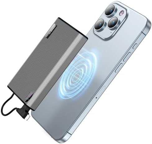 Ultra-Slim Magnetic Power Bank – 10,000 m Ah Portable Charger with Built-In Cable for i Phone 15/14/13/12 – Fast 20 W USB-C Two-Way Charging, Lightweight & Compact Design in Stylish Gray – Essential Travel Power Solution