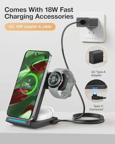 Foldable 3-in-1 Wireless Charging Station for Google Pixel Watch 1 st – 15 W Fast Charger for Pixel 9 Pro/XL, 8/7/6 Series, and Pixel Buds Pro/2 – Compact Travel Design with QC 18 W Adapter – Perfect for Home and Office Use