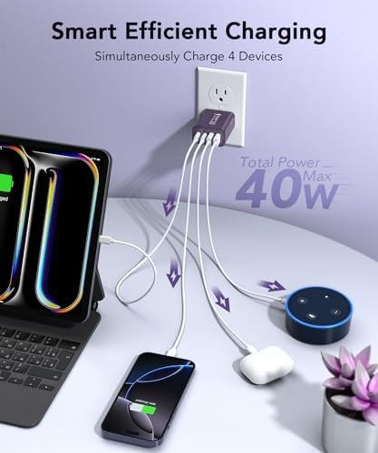40 W USB C Multi-Device Fast Charger – 4-Port Power Adapter for i Phone & Samsung – Sleek Black Compact Travel Charger with Dual PD & QC Technology for Efficient Home and On-the-Go Charging Solutions – Perfect for Busy Professionals and Families
