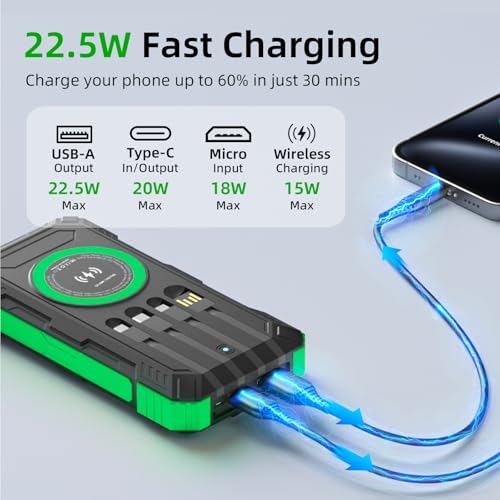 High-Capacity 49,800 m Ah Solar Power Bank with QC3.0 Fast Charging – Ultimate Wireless Portable Charger for Outdoor Adventures with Built-In Cables & Multiple Outputs for All Smartphones and Devices