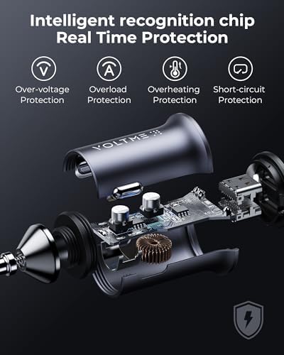VOLTME 30 W USB C PD 3.0 Car Charger – Fast Charging Dual Port Adapter for i Phone 14/13/12/11 Pro Max, Samsung Galaxy S23/S22/S21, and More – Sleek Navy Blue Design for Universal Compatibility and Efficient Power Delivery on the Go