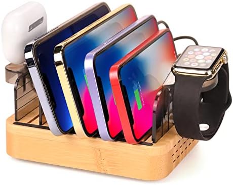 Sustainable Bamboo 5-Port Charging Station: Elegant Desk Dock for Fast, Safe Charging of Smartphones, Tablets, Air Pods & i Watch – Space-Saving Organizer for Home & Office Efficiency