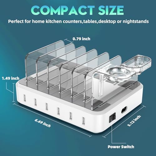 Sleek 6-Port USB Fast Charging Station with 60 W Output & 7 Versatile Cables – Essential Multi-Device Charger for i Phone, i Pad, Tablets, and Kindles – Ultimate Home and Office Organization Solution for Effortless Charging and Efficiency