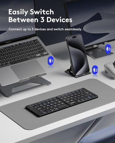 Samsers Portable Foldable Bluetooth Keyboard with Phone Holder – Rechargeable Multi-Device Compatible Wireless Keyboard for i Pad, i Phone, Mac Book, Android & Windows – Ideal Travel Companion for Efficient Typing