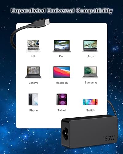 Universal USB-C Laptop Charger 65 W/45 W – Fast Charging AC Adapter for Lenovo, HP, Dell, Acer, Chromebook & More – Enhanced Compatibility & Power Supply for Think Pad, Yoga, XPS, Samsung, Google Devices – 12-Month Warranty Included