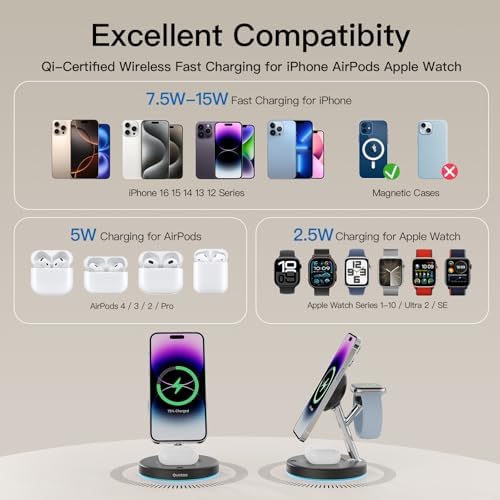2025 Premium 3-in-1 Wireless Charging Station for i Phone 16, 15, 14, 13, 12 – Mag-Safe Compatible Charger Stand for Air Pods and i Watch – Fast, Efficient Power Hub with Sleek Design and Overcharge Protection for Home or Travel