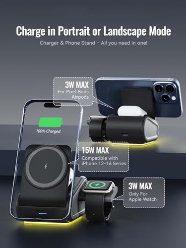 Ultimate 4-in-1 Wireless Charger for i Phone, Air Pods Pro 2, and Apple Watch – Foldable Travel Charging Station with Mag Safe Technology for Enhanced Compatibility and Fast Charging, Featuring Innovative Pop-Up Design and Adjustable Night Light for Convenient Multi-Device Use