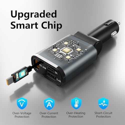 2025 Ultra-Slim PD30 W Retractable Car Charger – Fast USB-C Charging for i Phone 16/15/14/13/12 & Samsung Devices – Essential Travel Accessory with Safety Features and Tangle-Free Design for On-the-Go Power