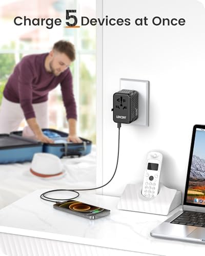 LENCENT 85 W Universal Travel Adapter with Retractable USB-C Cable – High-Speed International Plug Converter Featuring 3 Type-C & 1 USB-A Ports for Effortless Worldwide Charging – Your Ultimate Travel Essential for Maximum Compatibility, Fast Charging, and Ga N Technology Efficiency